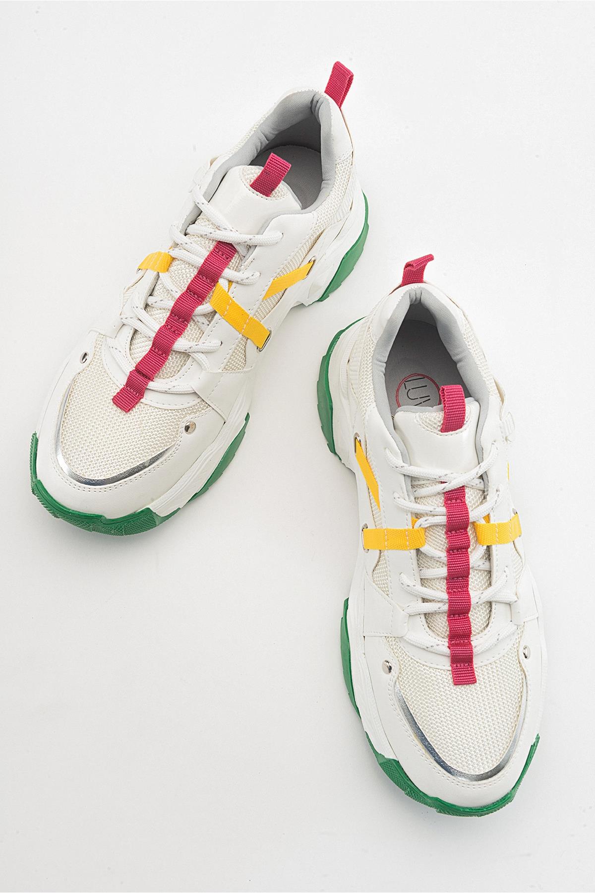 Maggie - White Fuchsia Sport Sneakers – detail view showing leather, white, red, Vowalisse