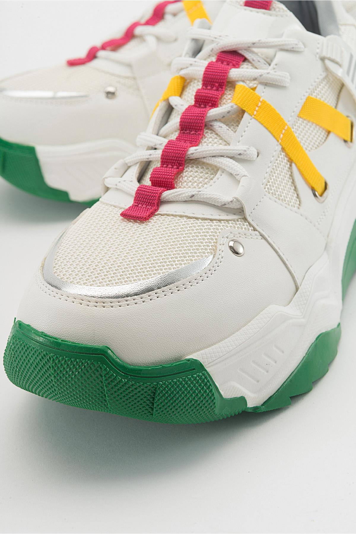 Maggie - White Fuchsia Sport Sneakers – heel view showing leather, white, red, Vowalisse
