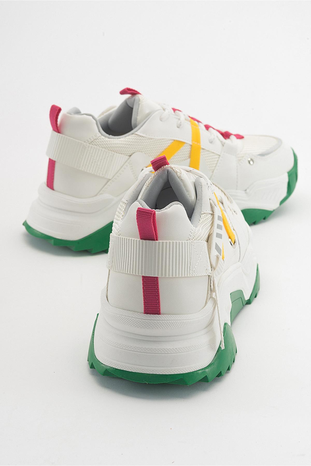 Maggie - White Fuchsia Sport Sneakers – back view showing leather, white, red, Vowalisse
