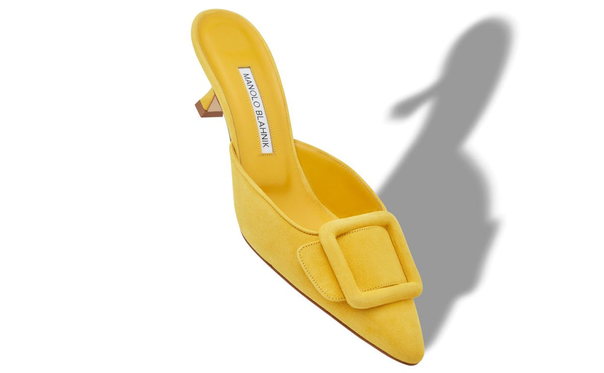 Clarisse Dream Yellow Pointed Toe Mules – front three-quarter view showing yellow pointed toe, suede, Vowalisse