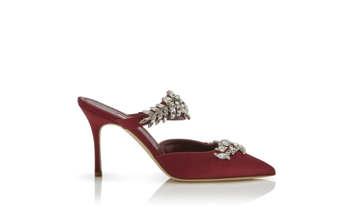 Evangeline Dream Red Crystal Embellished Mules – side profile showing red crystal embellished, pointed toe, satin…