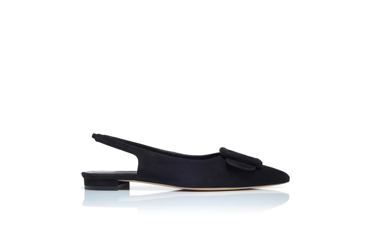 Camellia Jewel Black Slingback Slingbacks – side profile showing black slingback, pointed toe, suede, Vowalisse
