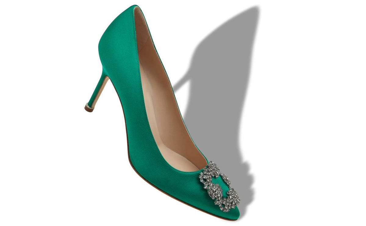 Alessia Élan Green Jewel Buckle Pumps – front three-quarter view showing green jewel buckle, crystal buckle, almond toe…