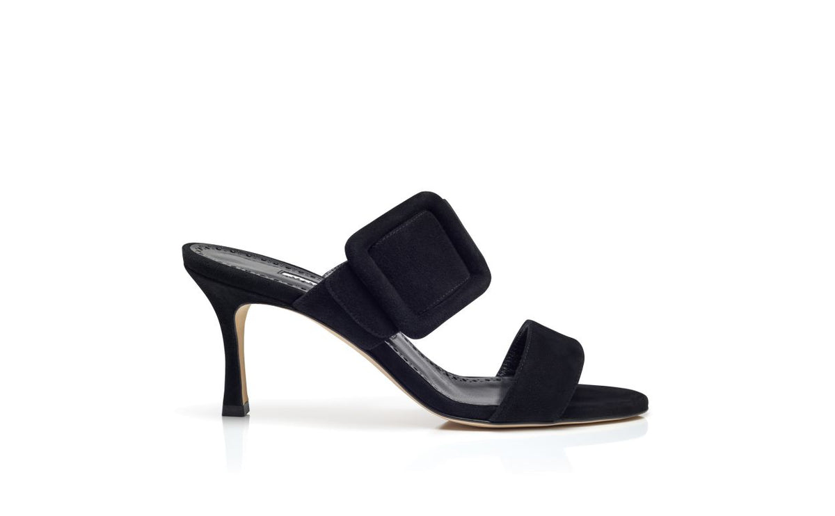 Odette Grace Black Open Toe Mules – side profile showing black open toe, suede, Vowalisse