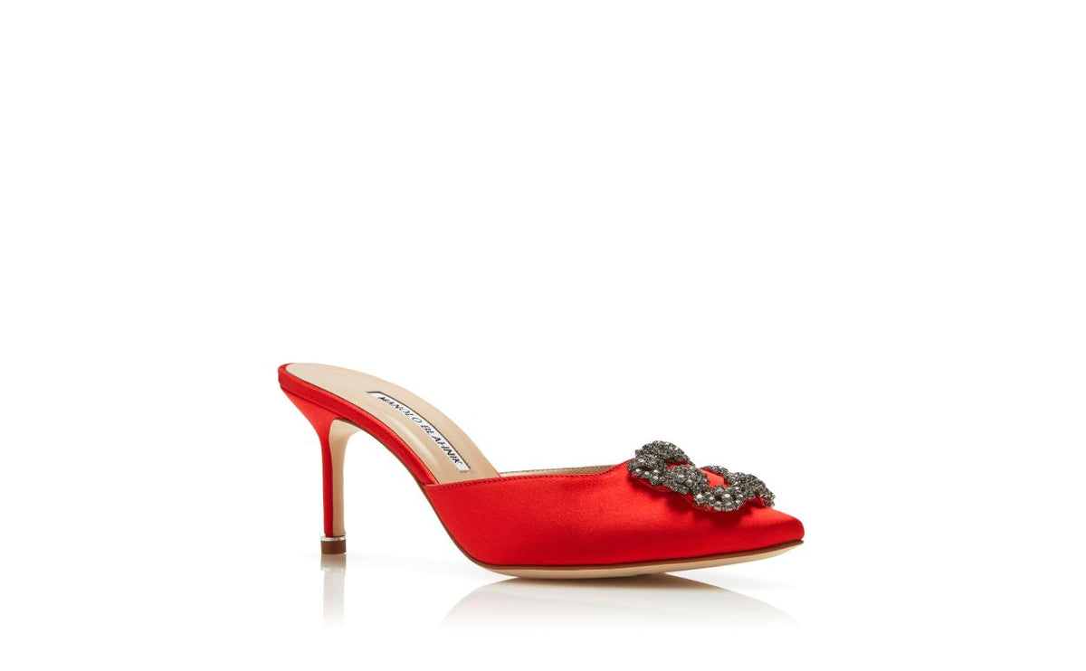 Rosalie Dream Red Jewel Buckle Mules – top view showing red jewel buckle, crystal buckle, almond toe, satin, Vowalisse