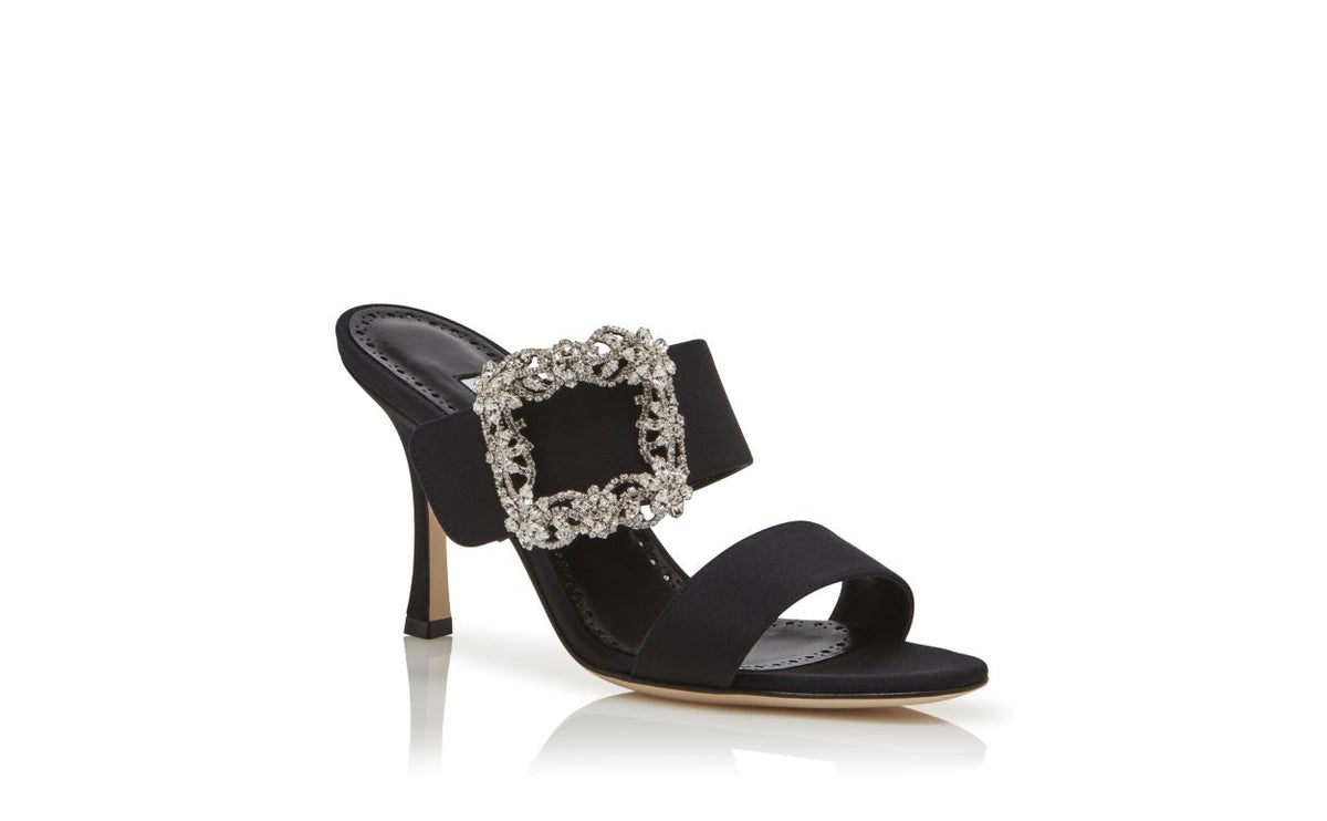 Odette Élan Black Jewel Buckle Mules – top view showing black jewel buckle, crystal buckle, open toe, Vowalisse