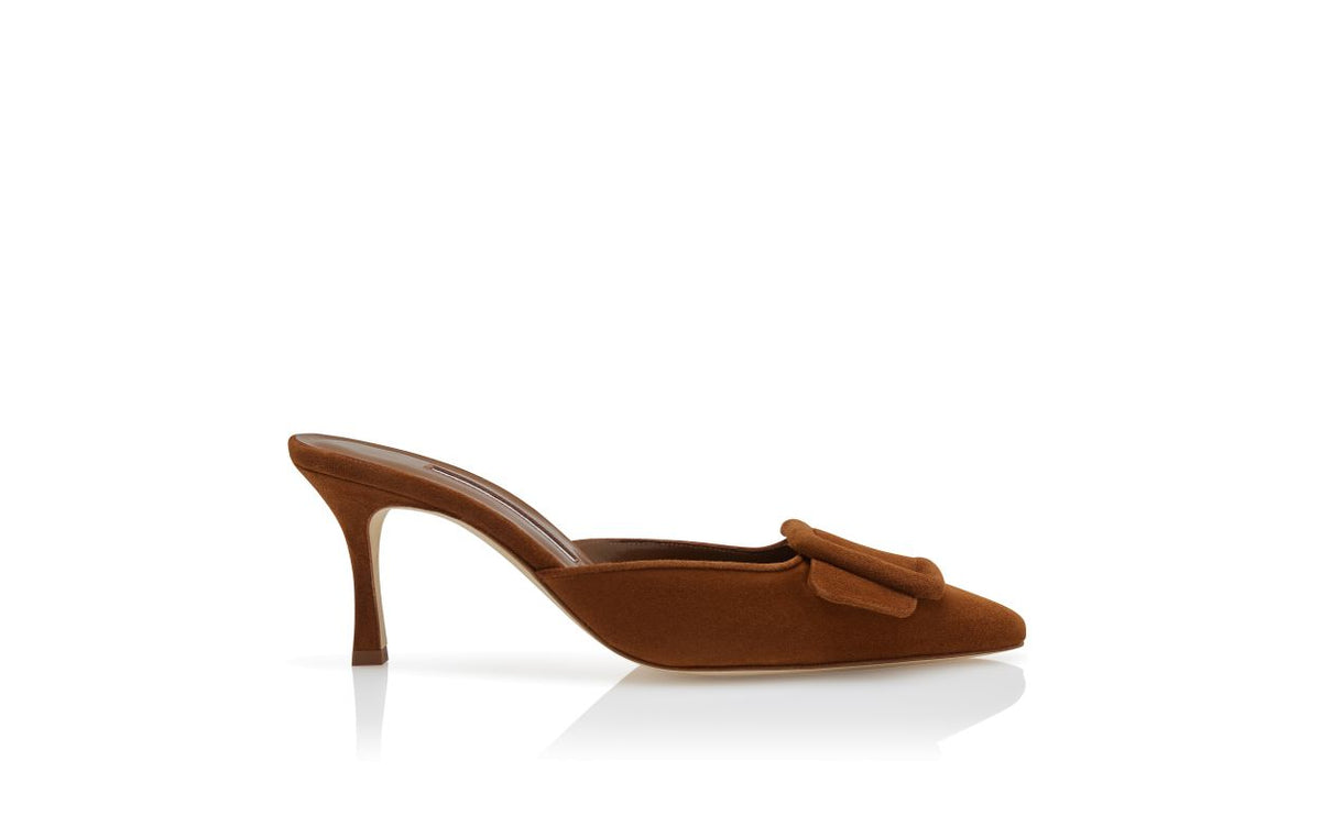 Colette Pearl Brown Pointed Toe Mules – side profile showing brown pointed toe, suede, Vowalisse