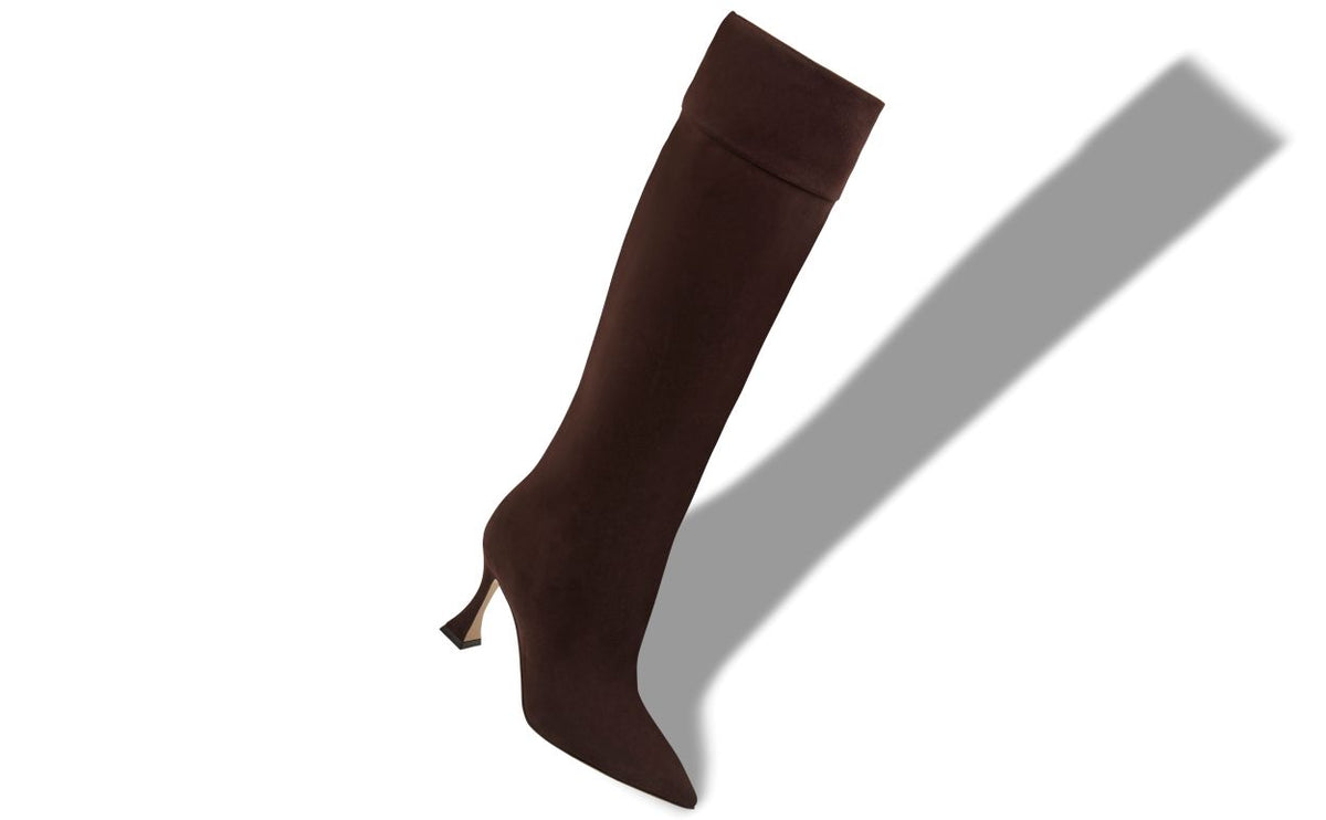 Magnolia Lace Brown Pointed Toe Knee-High Boots – front three-quarter view showing brown pointed toe, suede, Vowalisse