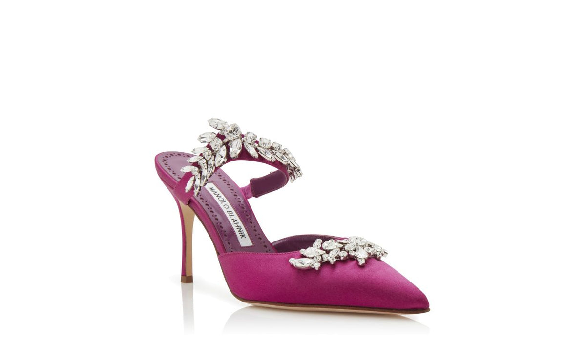 Vivienne Flame Pink Crystal Embellished Mules – top view showing pink crystal embellished, pointed toe, satin, Vowalisse