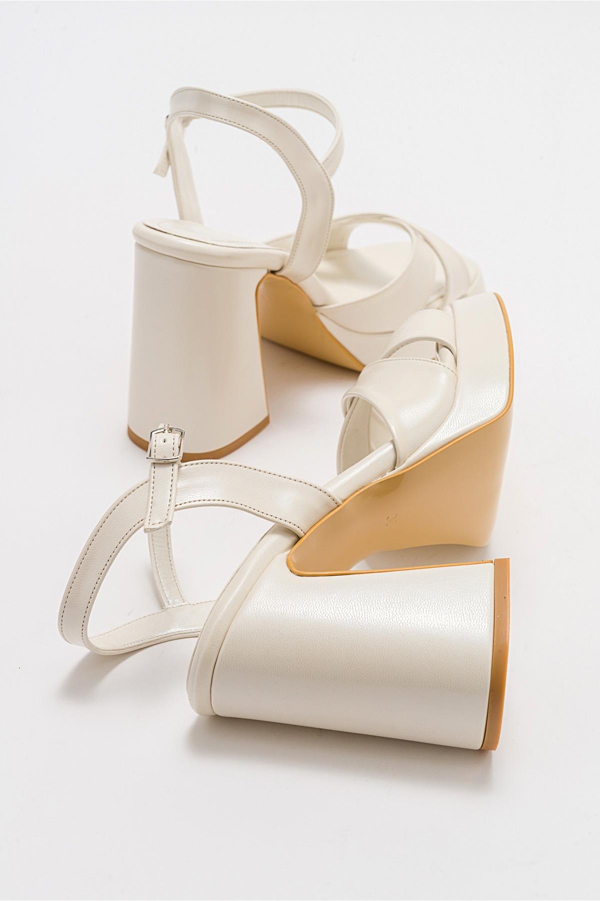Yvonne - Ivory Platform Sandals – detail view showing leather, ivory, red, Vowalisse