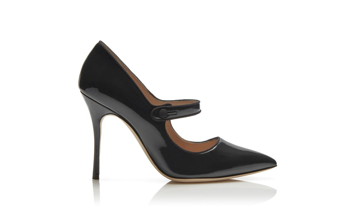 Estelle Belle Black Pointed Toe Mary Jane Shoes – side profile showing black pointed toe, patent leather, Vowalisse