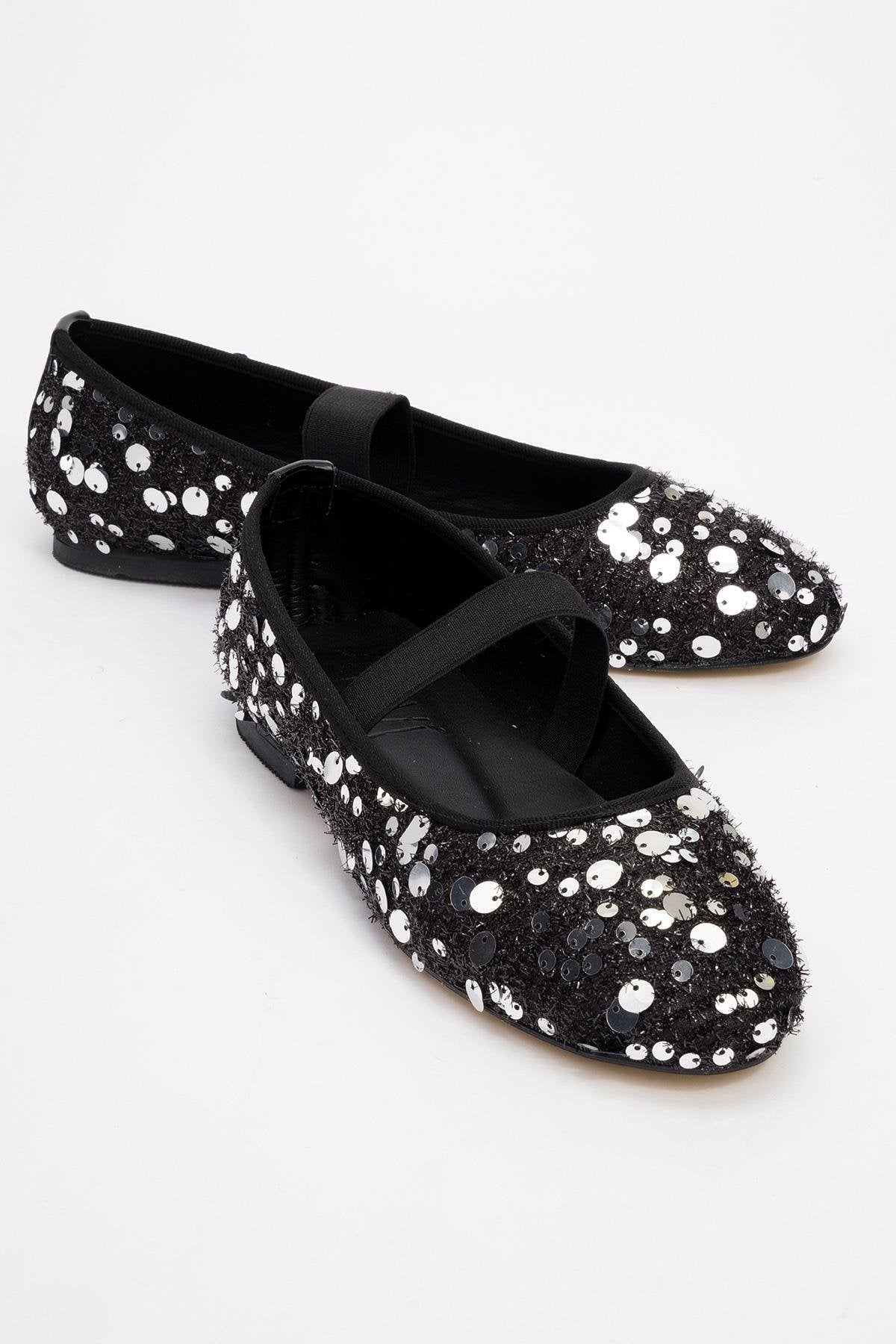 Grego Silver Sequin Embellished Flat – front three-quarter view showing leather, sequin, silver, Vowalisse