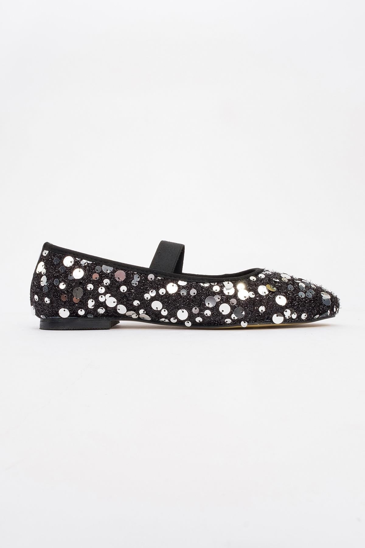 Grego Silver Sequin Embellished Flat – heel view showing leather, sequin, silver, Vowalisse