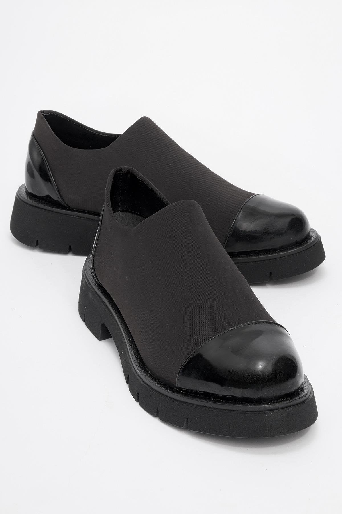 Panola - Black Patent Scuba Everyday Shoe – front three-quarter view showing leather, black, Vowalisse