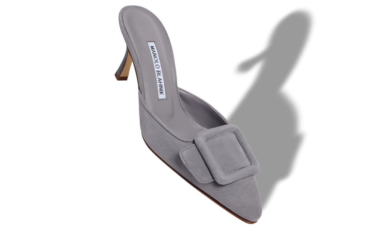 Lucienne Halo Grey Almond Toe Mules – front three-quarter view showing grey almond toe, suede, Vowalisse