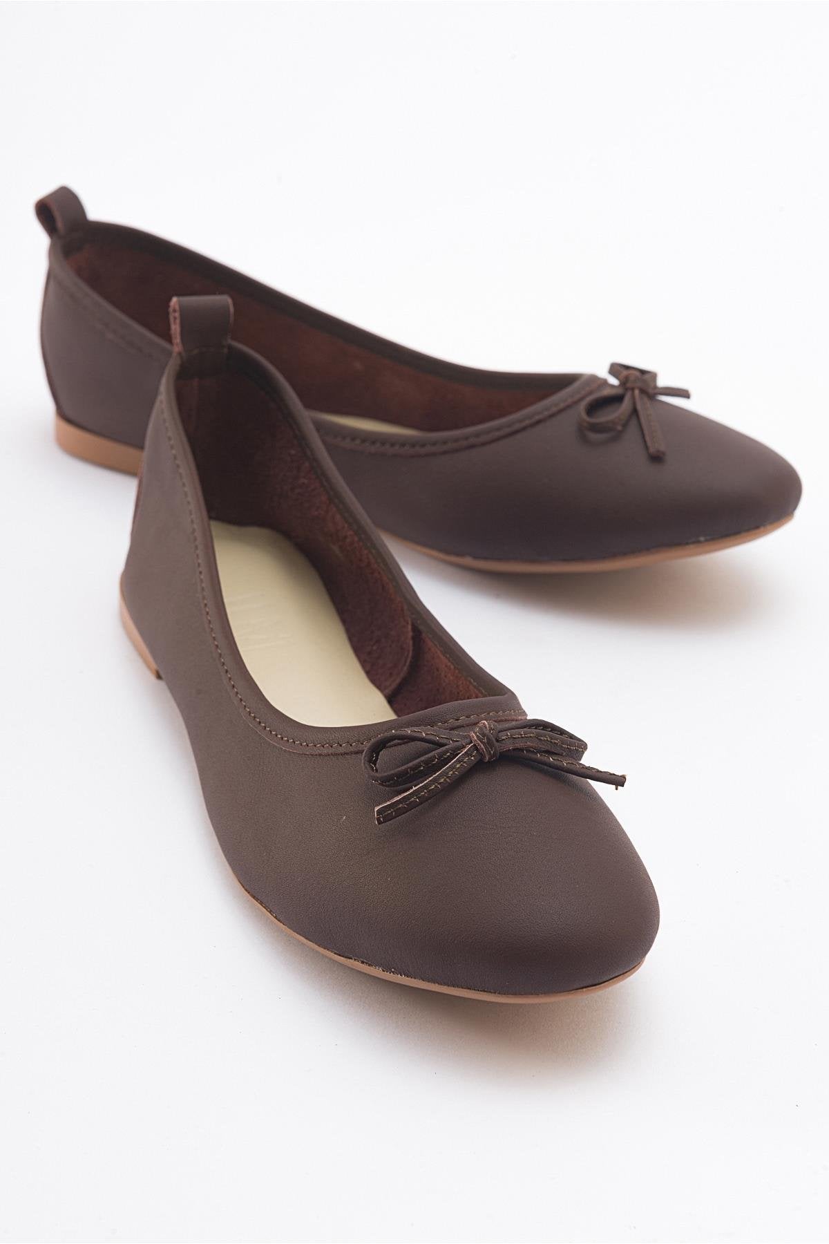 Florence - Dark Brown Leather Ballerina Flats – front three-quarter view showing bow, leather, suede, Vowalisse