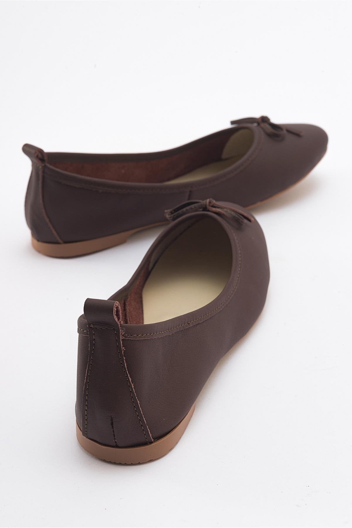 Florence - Dark Brown Leather Ballerina Flats – side view showing bow, leather, suede, Vowalisse