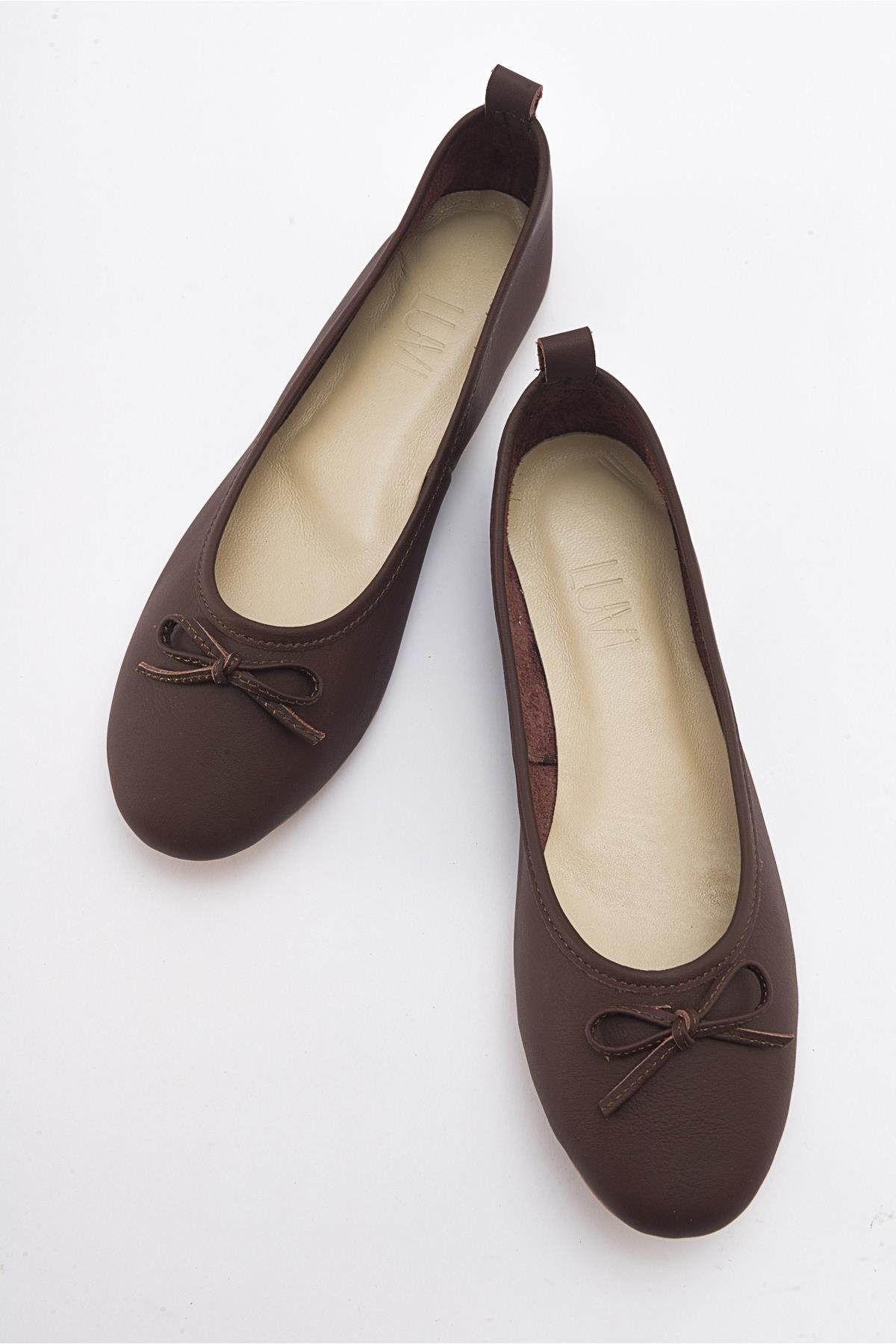 Florence - Dark Brown Leather Ballerina Flats – heel view showing bow, leather, suede, Vowalisse