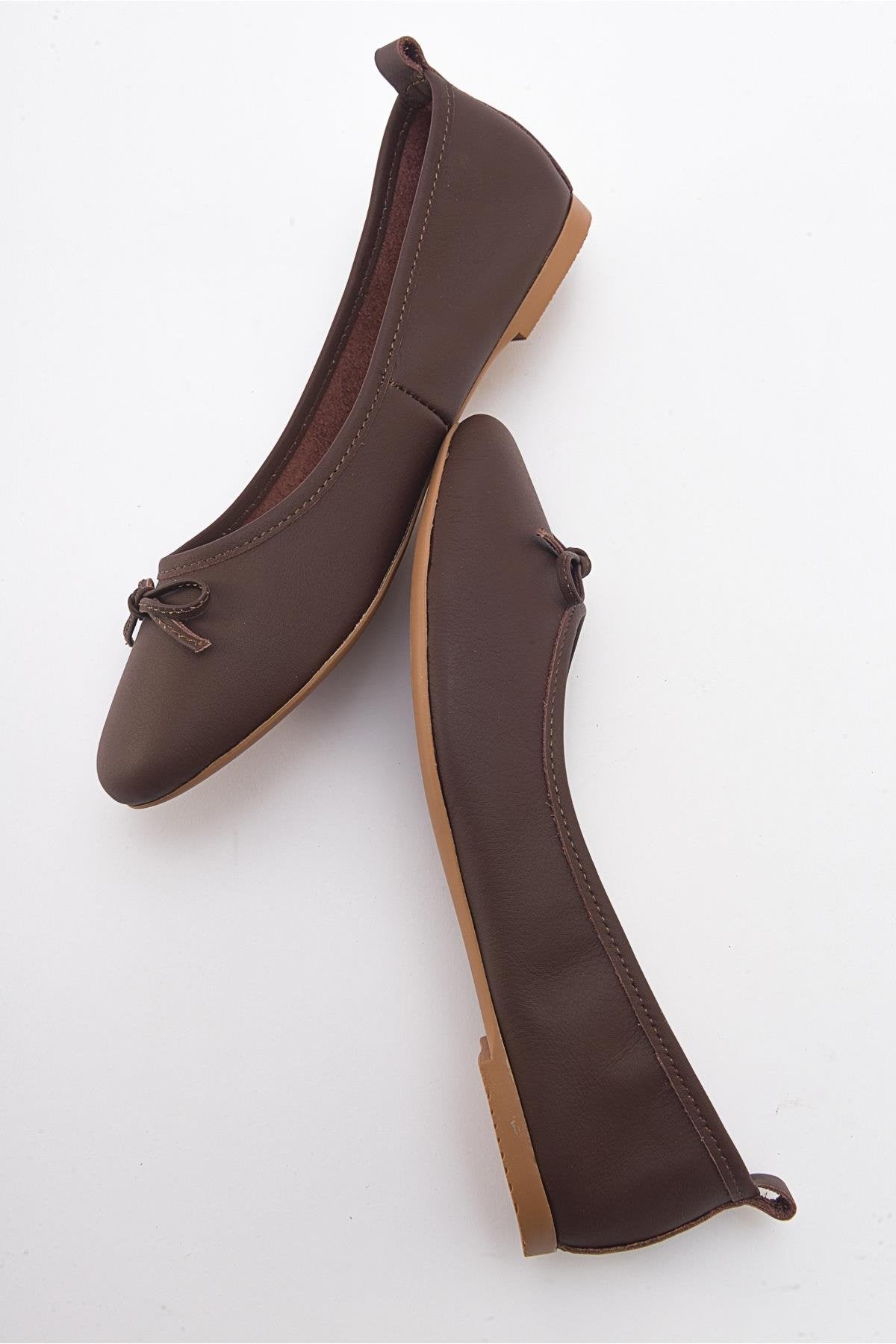 Florence - Dark Brown Leather Ballerina Flats – back view showing bow, leather, suede, Vowalisse