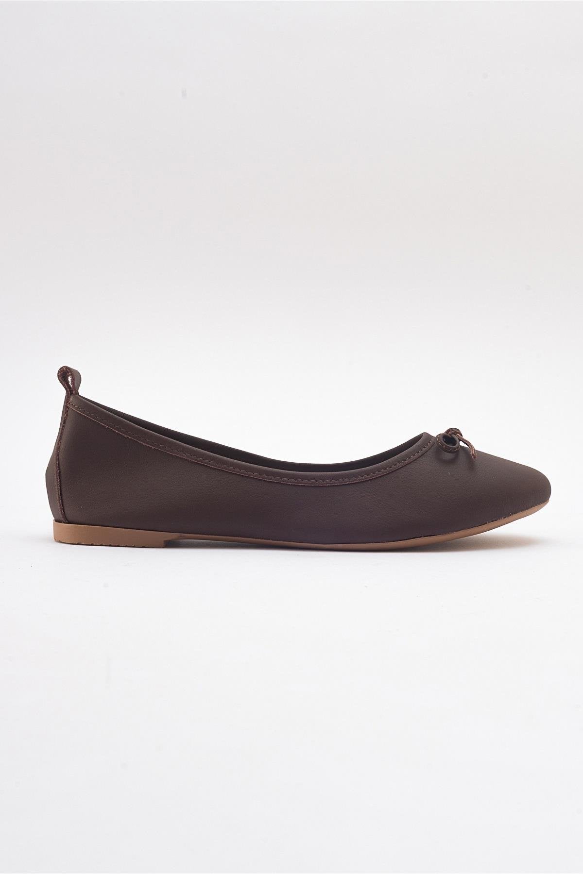 Florence - Dark Brown Leather Ballerina Flats – top view showing bow, leather, suede, Vowalisse