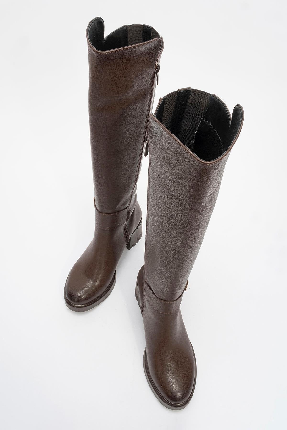 Moreni - Cognac Block Heel Knee-High Boot – side view showing leather, Vowalisse