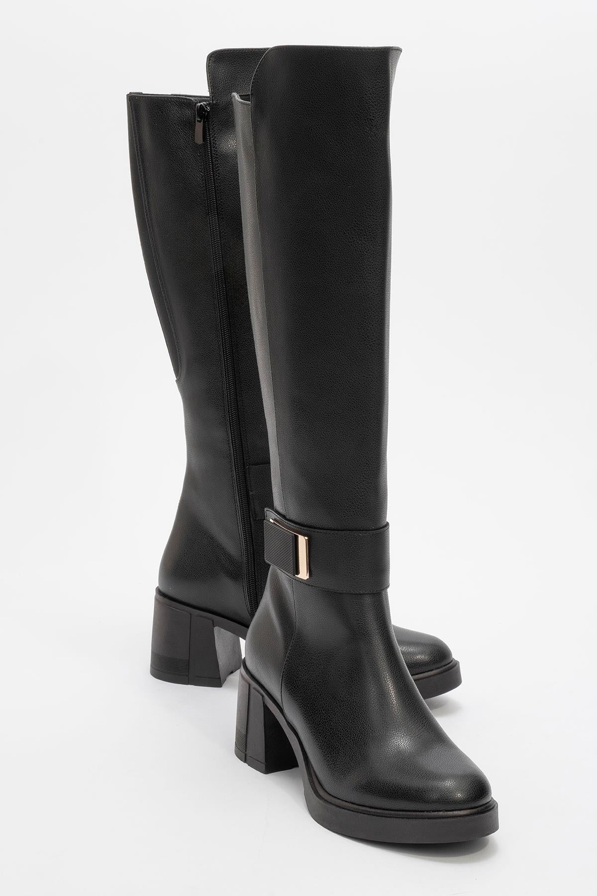 Moreni - Black Stretch Detail Buckle Block Heel Knee-High Boot – front three-quarter view showing leather, black, Vowalisse