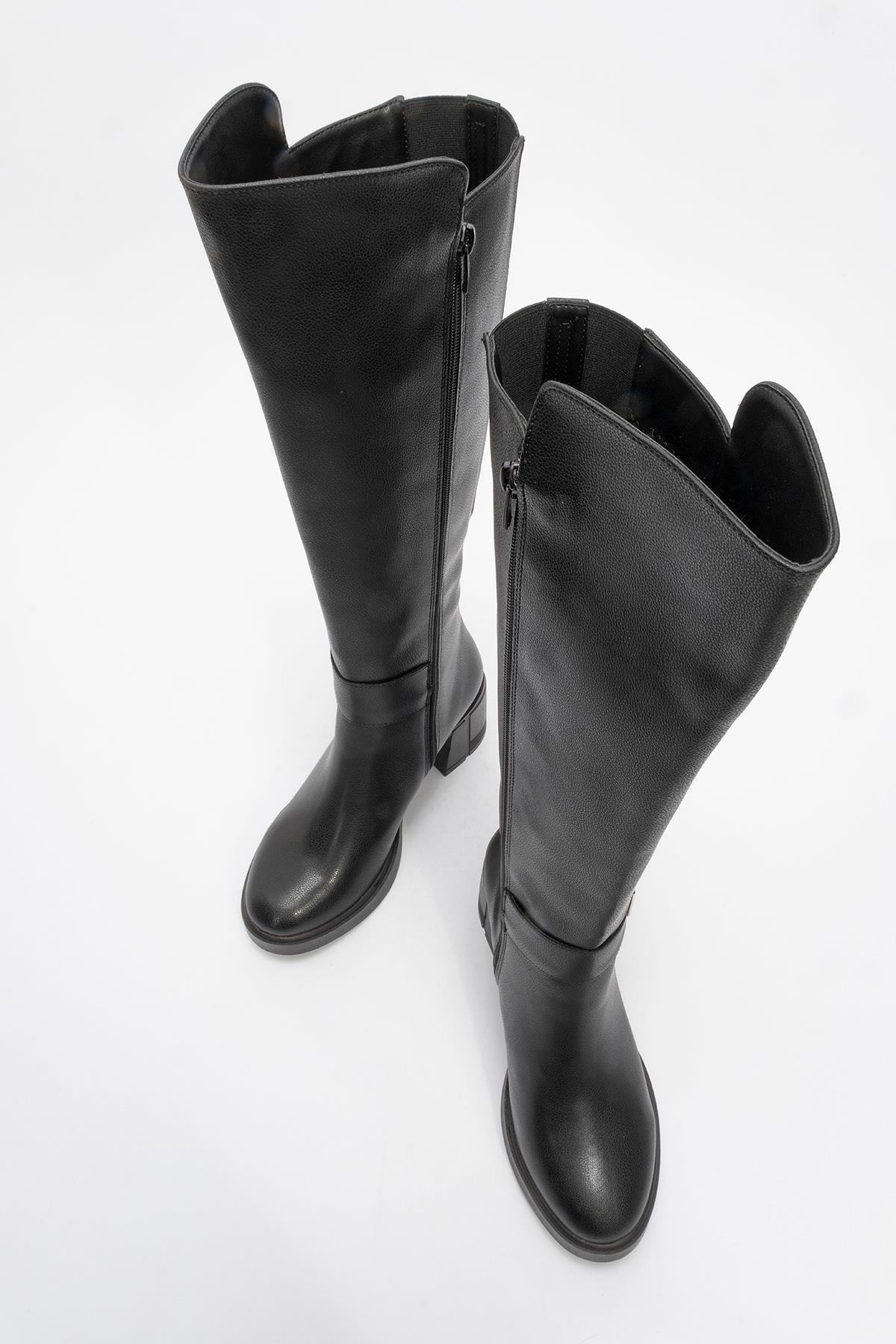 Moreni - Black Stretch Detail Buckle Block Heel Knee-High Boot – side view showing leather, black, Vowalisse