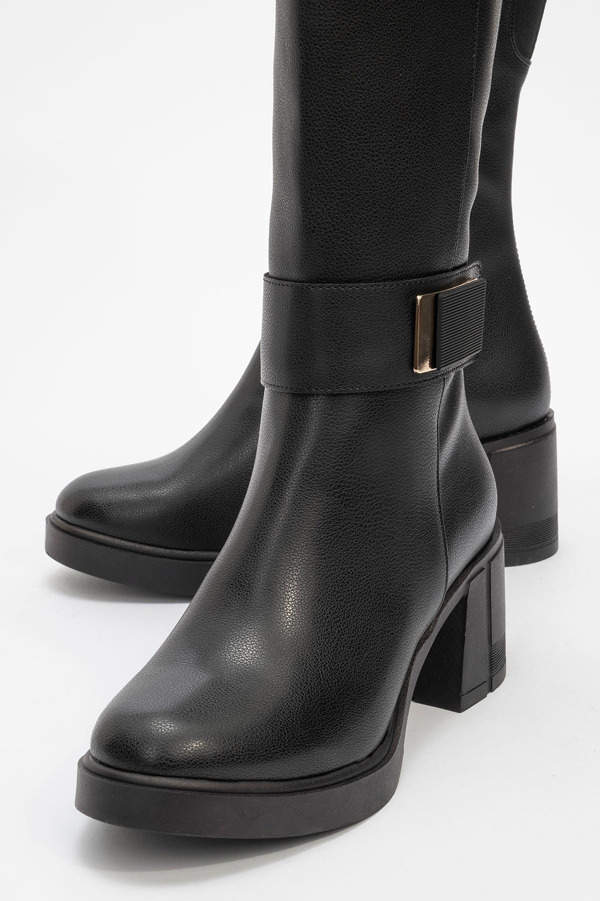Moreni - Black Stretch Detail Buckle Block Heel Knee-High Boot – detail view showing leather, black, Vowalisse