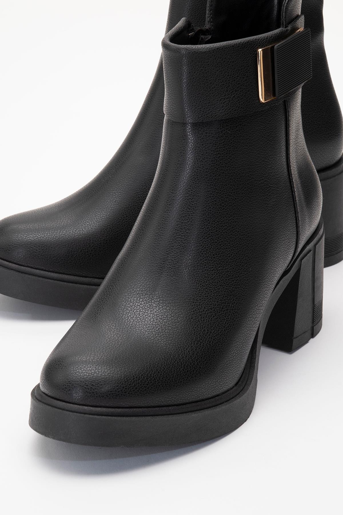Rashe - Black Buckled Block Heel Boot – detail view showing leather, black, red, Vowalisse