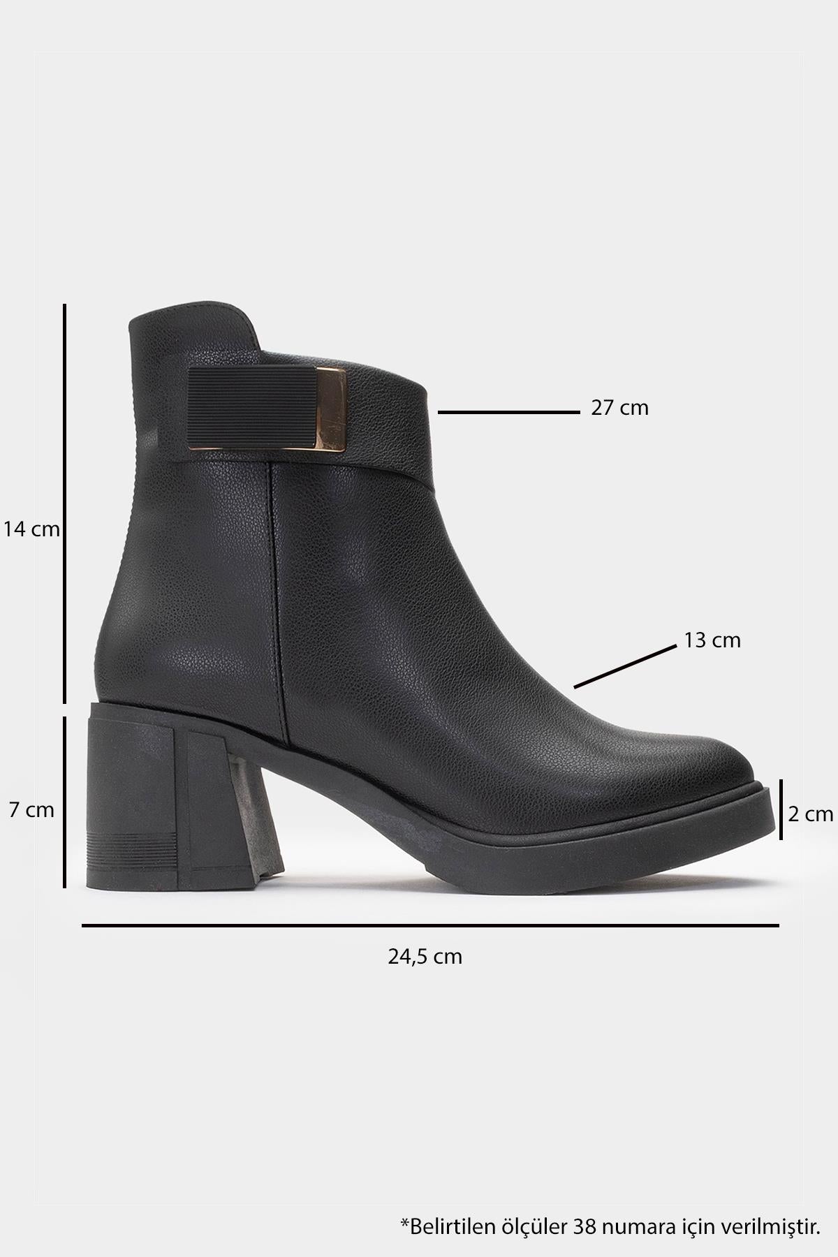 Rashe - Black Buckled Block Heel Boot – heel view showing leather, black, red, Vowalisse