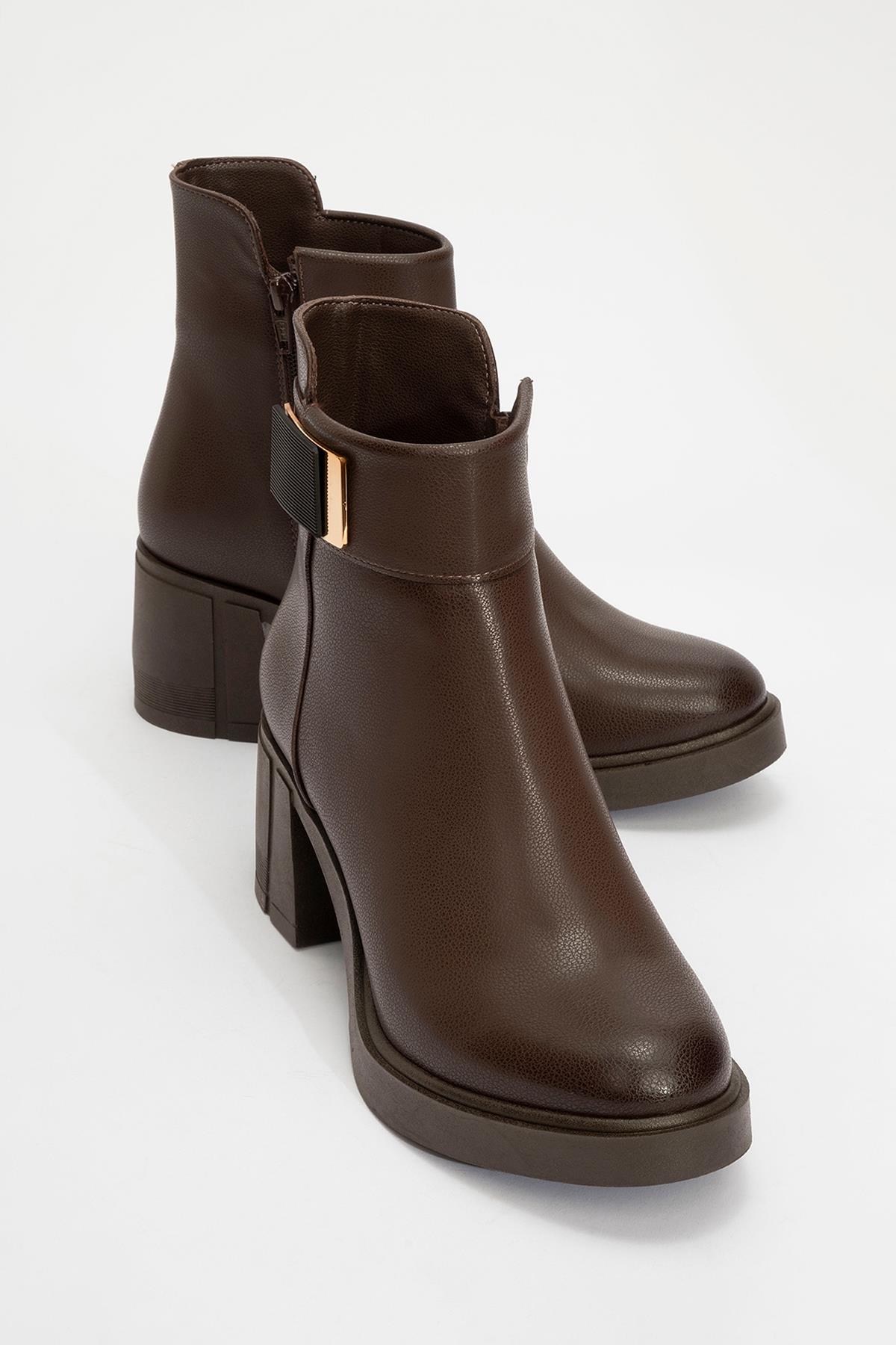 Rashe - Brown Buckled Block Heel Boot – front three-quarter view showing leather, Vowalisse