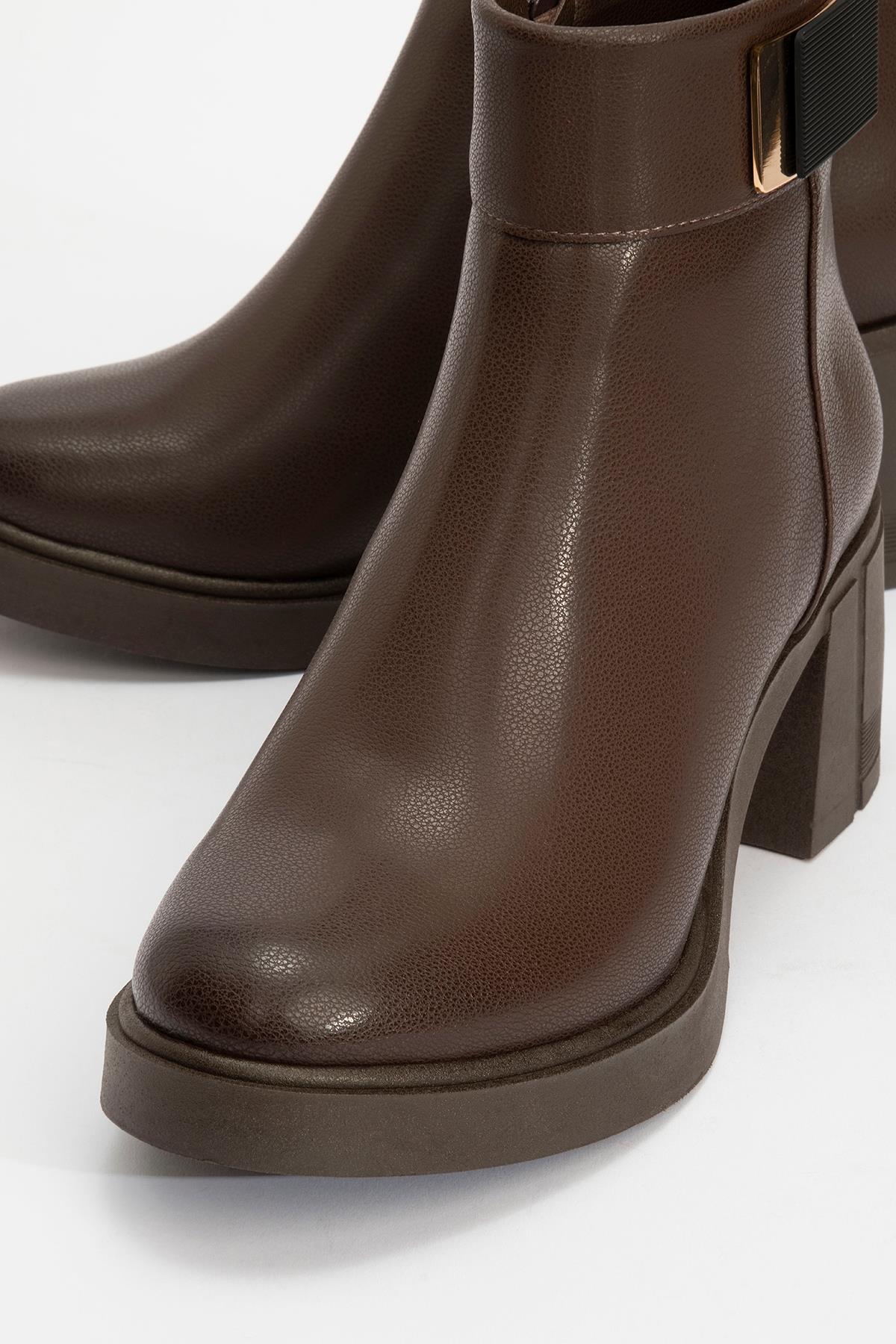 Rashe - Brown Buckled Block Heel Boot – detail view showing leather, Vowalisse