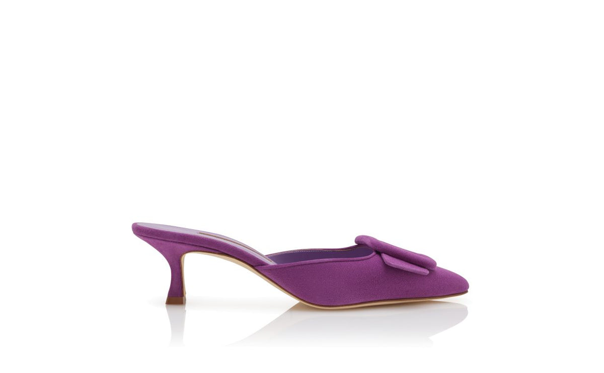 Colette Lace Purple Pointed Toe Mules – side profile showing purple pointed toe, suede, Vowalisse