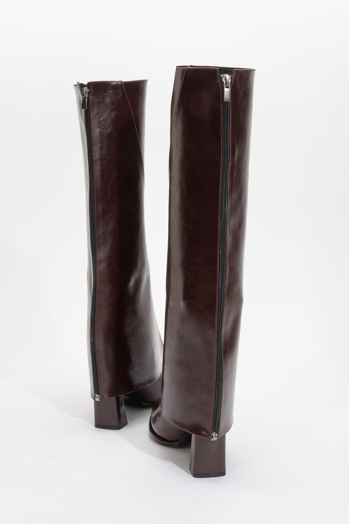 Aja - Burgundy Block Heel Convertible Knee-High Boot – product view 10 showing leather, Vowalisse
