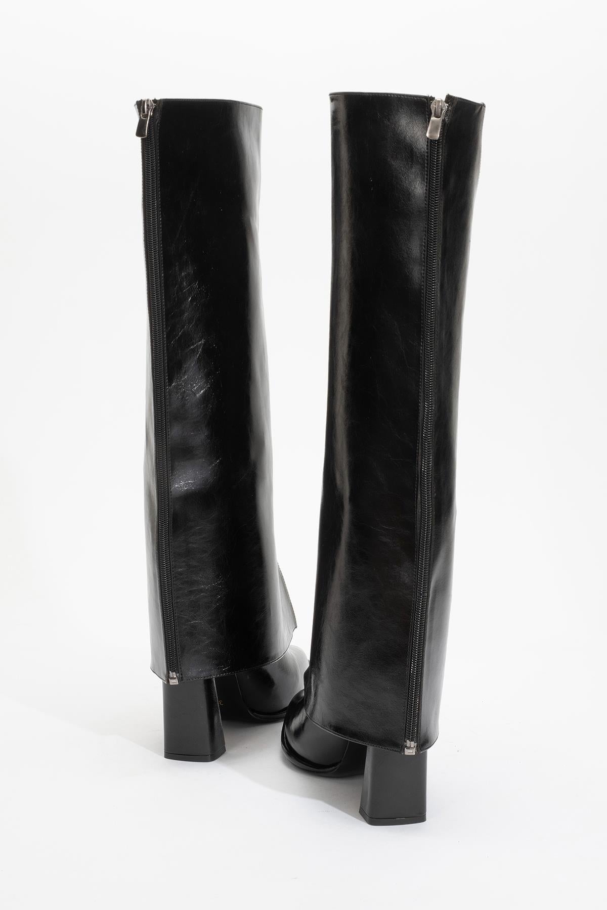 Aja - Black Block Heel Convertible Knee-High Boot – pair view showing leather, black, Vowalisse