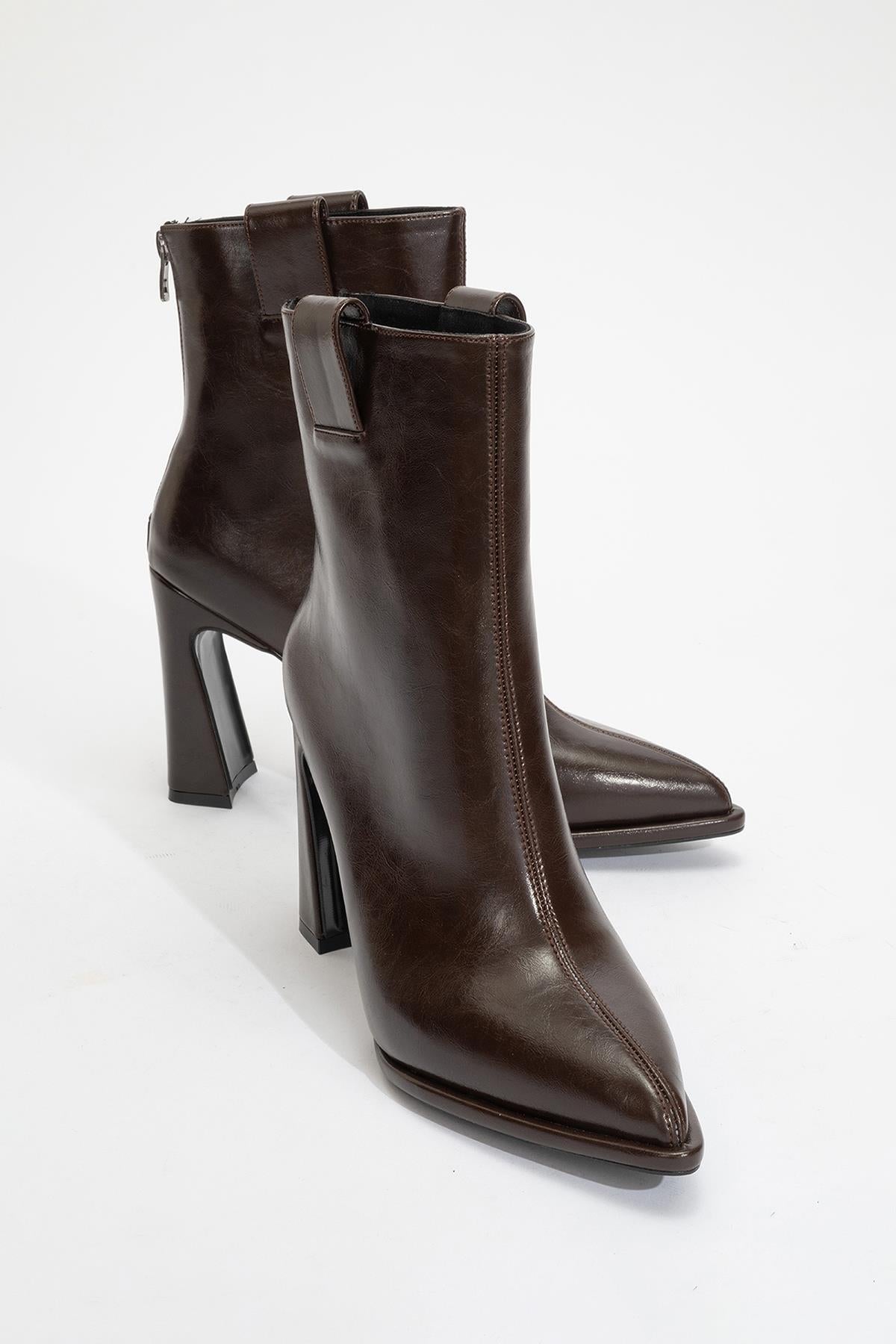 Aja - Brown Block Heel Convertible Knee-High Boot – detail view showing leather, Vowalisse