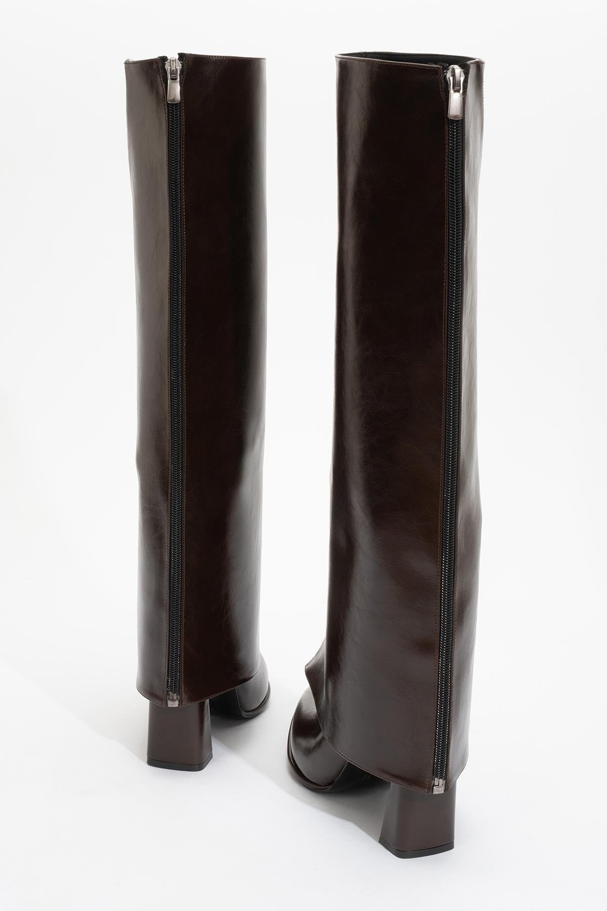 Aja - Brown Block Heel Convertible Knee-High Boot – pair view showing leather, Vowalisse