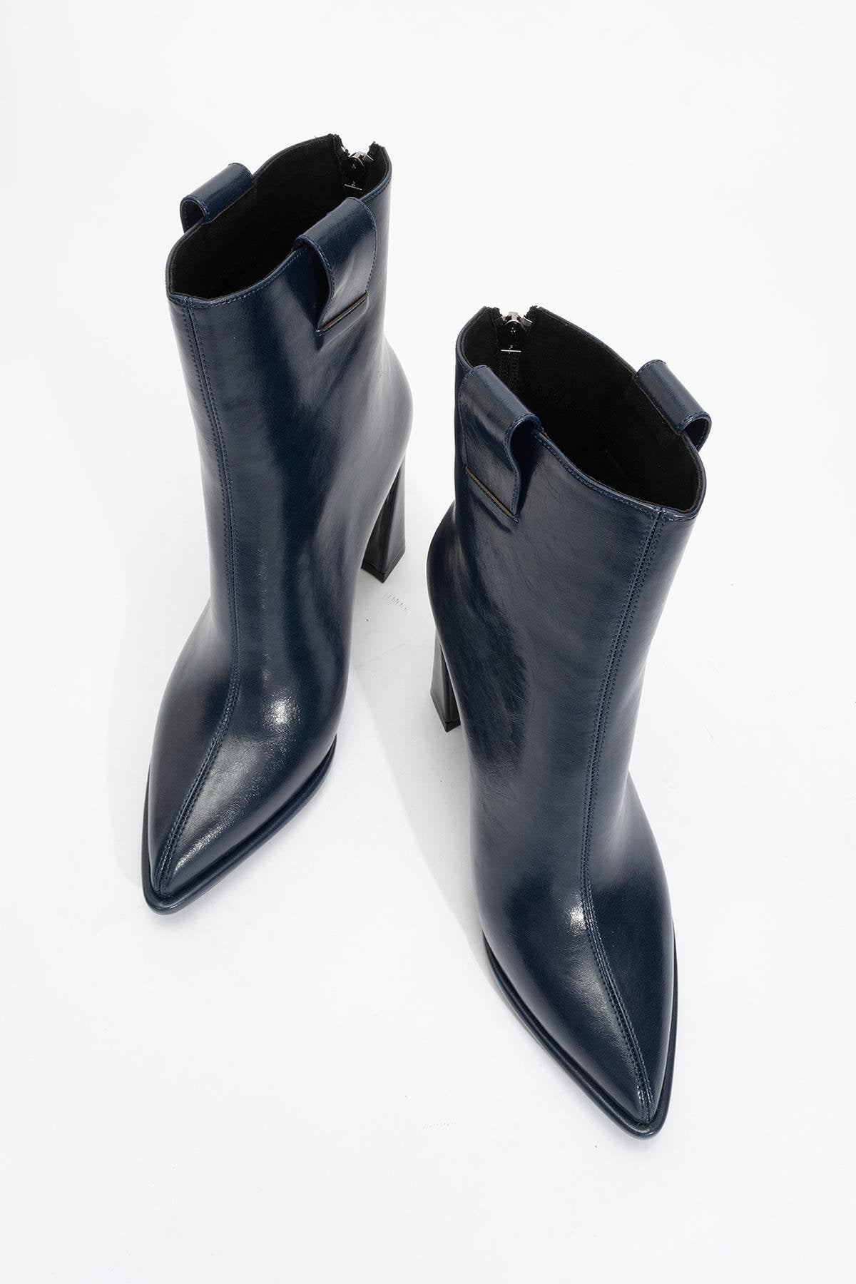 Aja - Navy Block Heel Convertible Knee-High Boot – product view 10 showing leather, Vowalisse