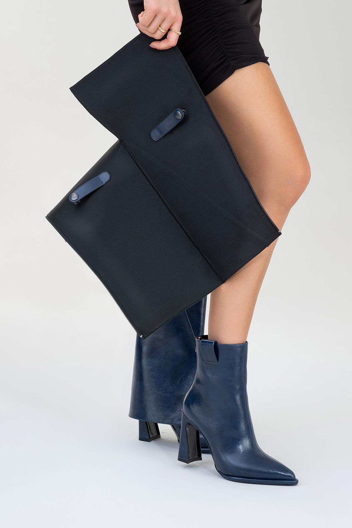 Aja - Navy Block Heel Convertible Knee-High Boot – front three-quarter view showing leather, Vowalisse