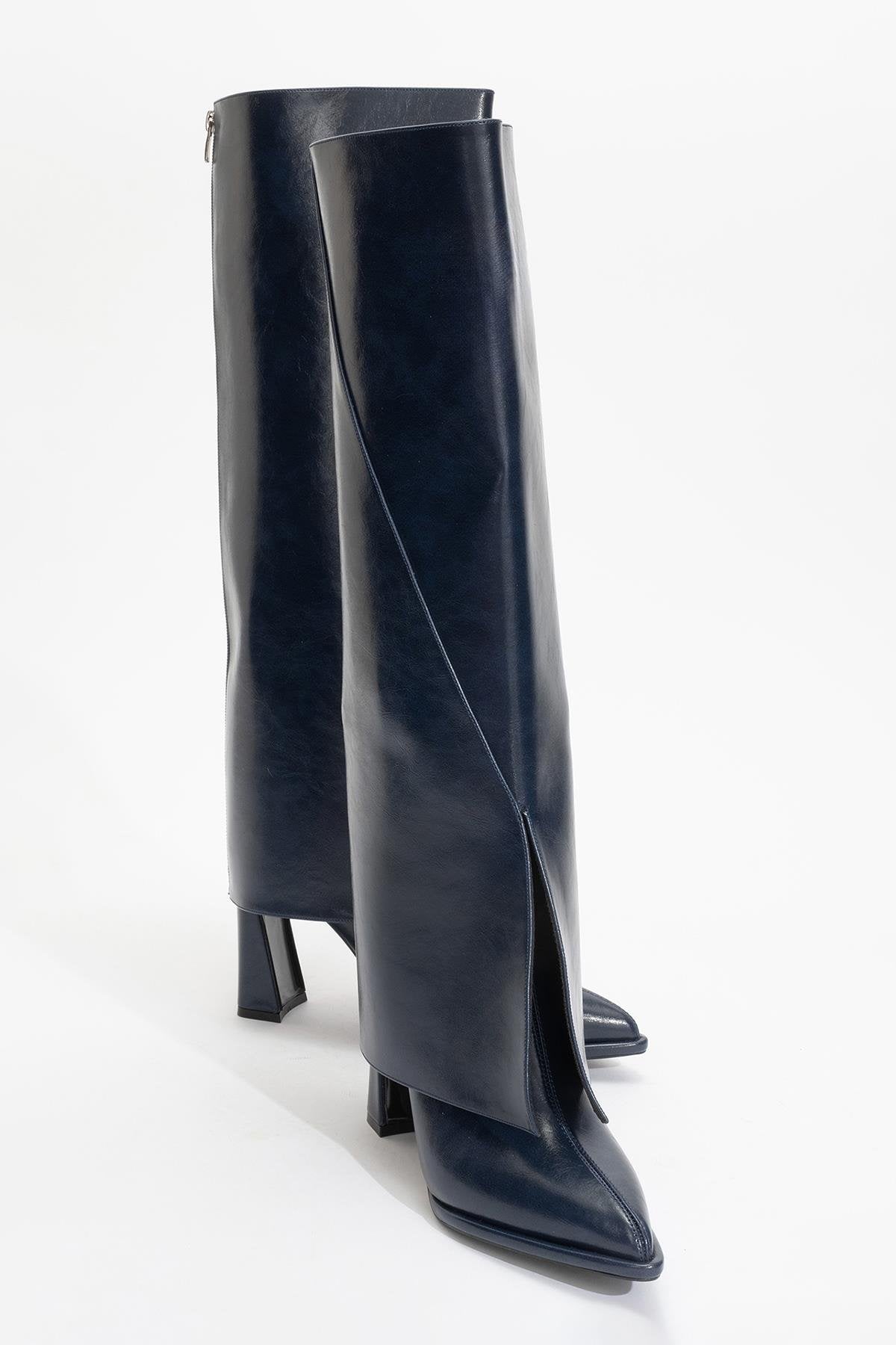 Aja - Navy Block Heel Convertible Knee-High Boot – detail view showing leather, Vowalisse