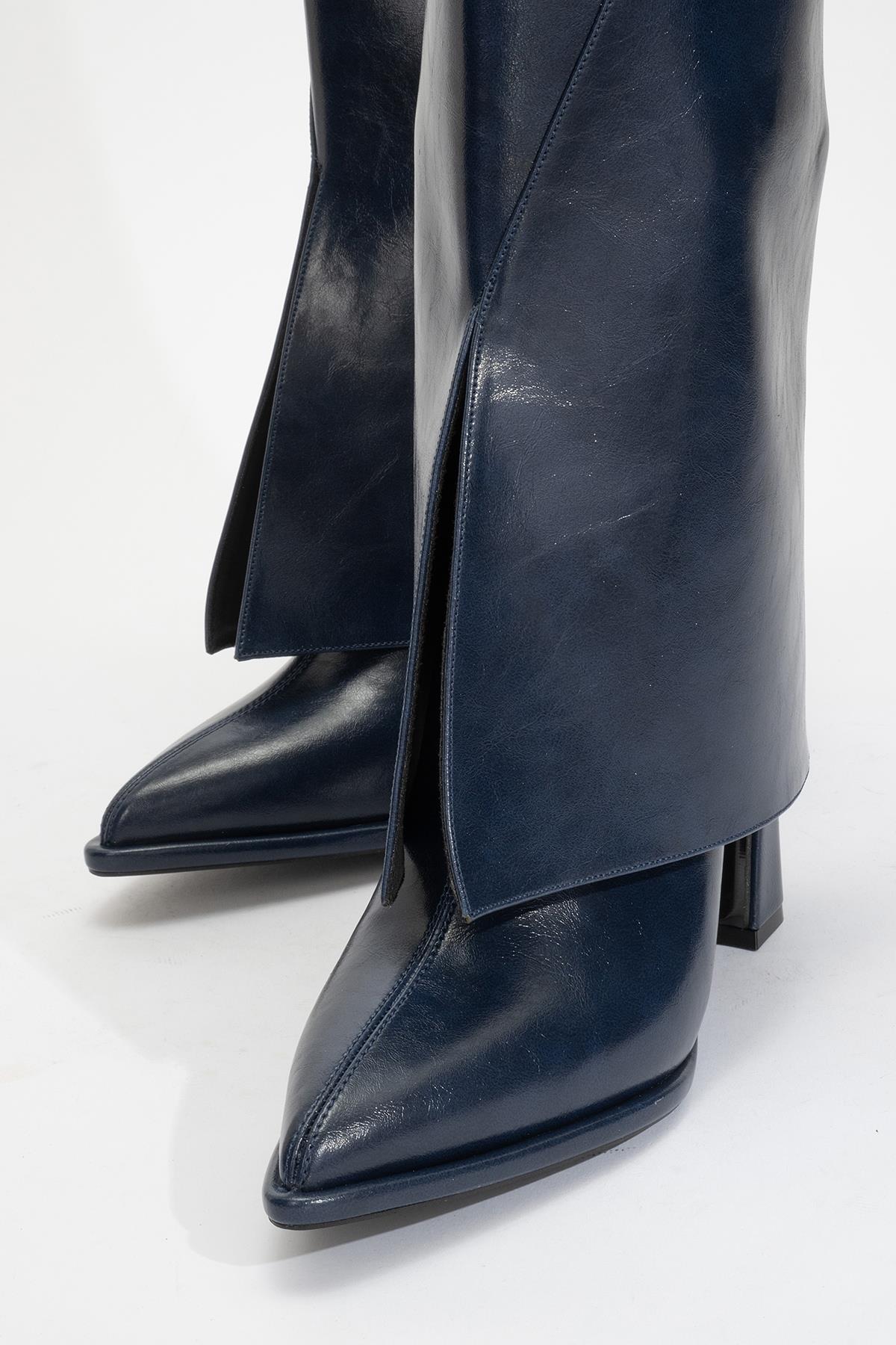 Aja - Navy Block Heel Convertible Knee-High Boot – pair view showing leather, Vowalisse
