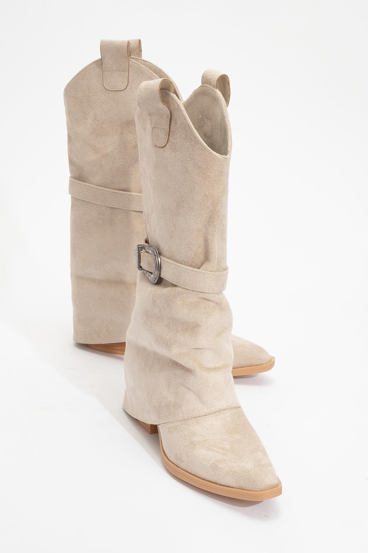 Okus - Beige Buckle Block Heel Ankle Boot – front three-quarter view showing leather, Vowalisse