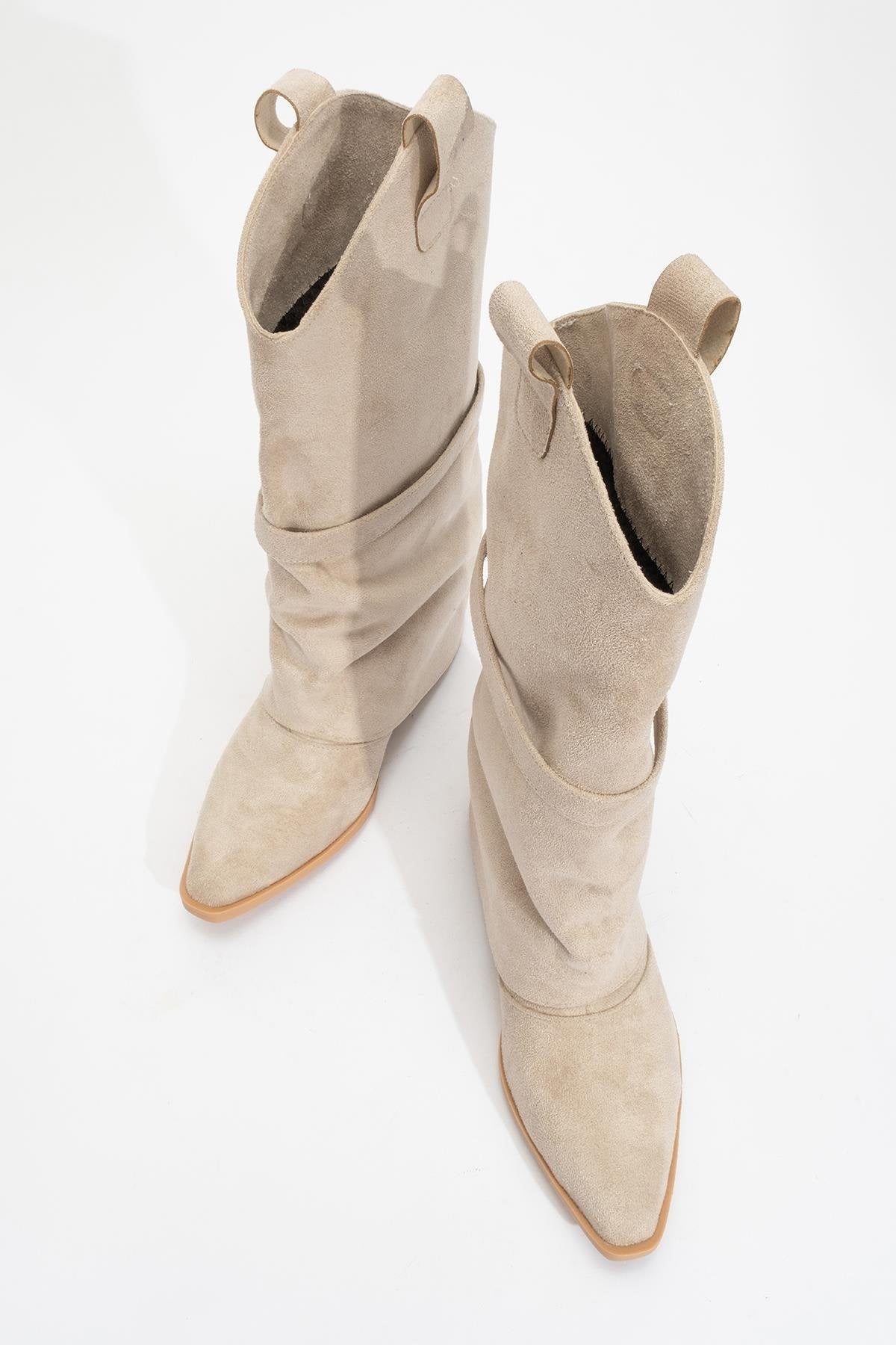 Okus - Beige Buckle Block Heel Ankle Boot – side view showing leather, Vowalisse