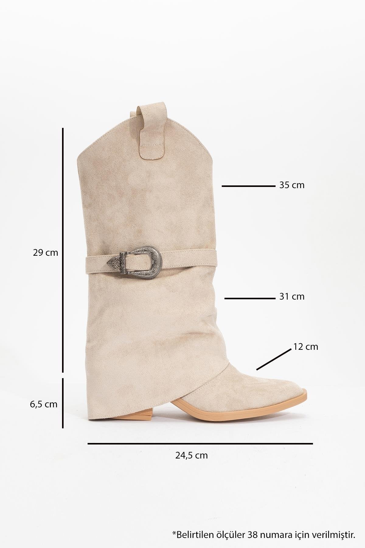 Okus - Beige Buckle Block Heel Ankle Boot – heel view showing leather, Vowalisse