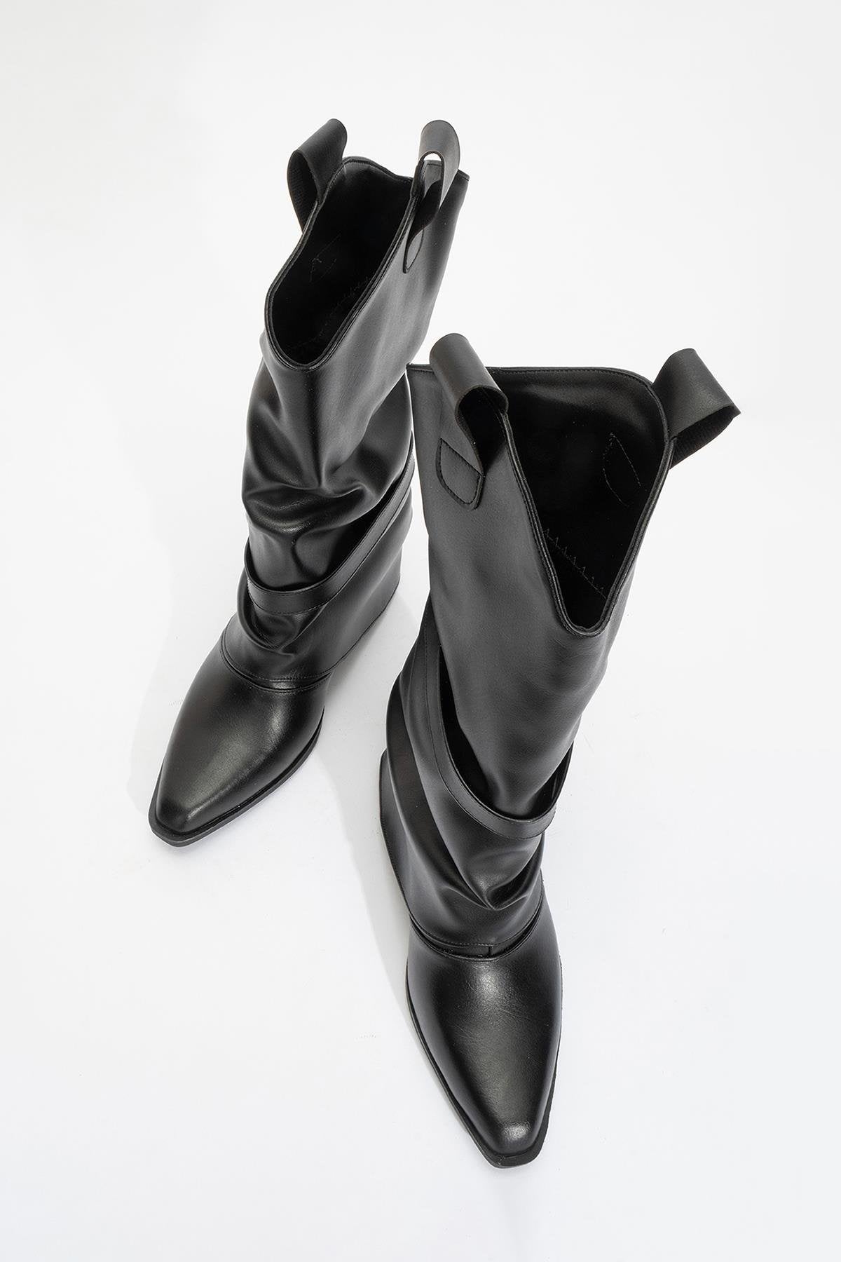 Okus - Black Buckle Block Heel Ankle Boot – side view showing leather, black, red, Vowalisse