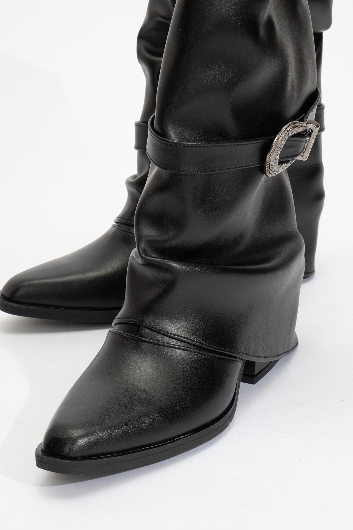 Okus - Black Buckle Block Heel Ankle Boot – detail view showing leather, black, red, Vowalisse