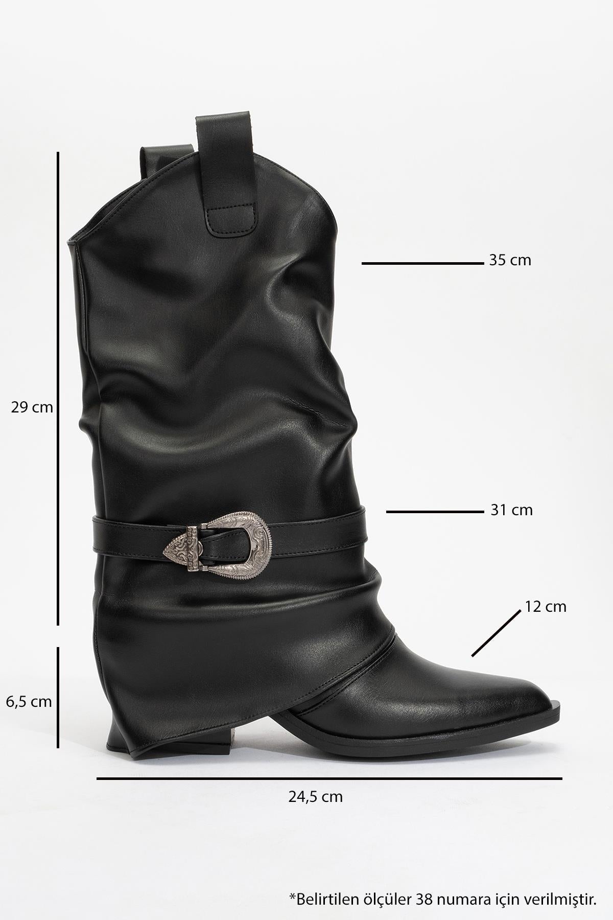 Okus - Black Buckle Block Heel Ankle Boot – heel view showing leather, black, red, Vowalisse