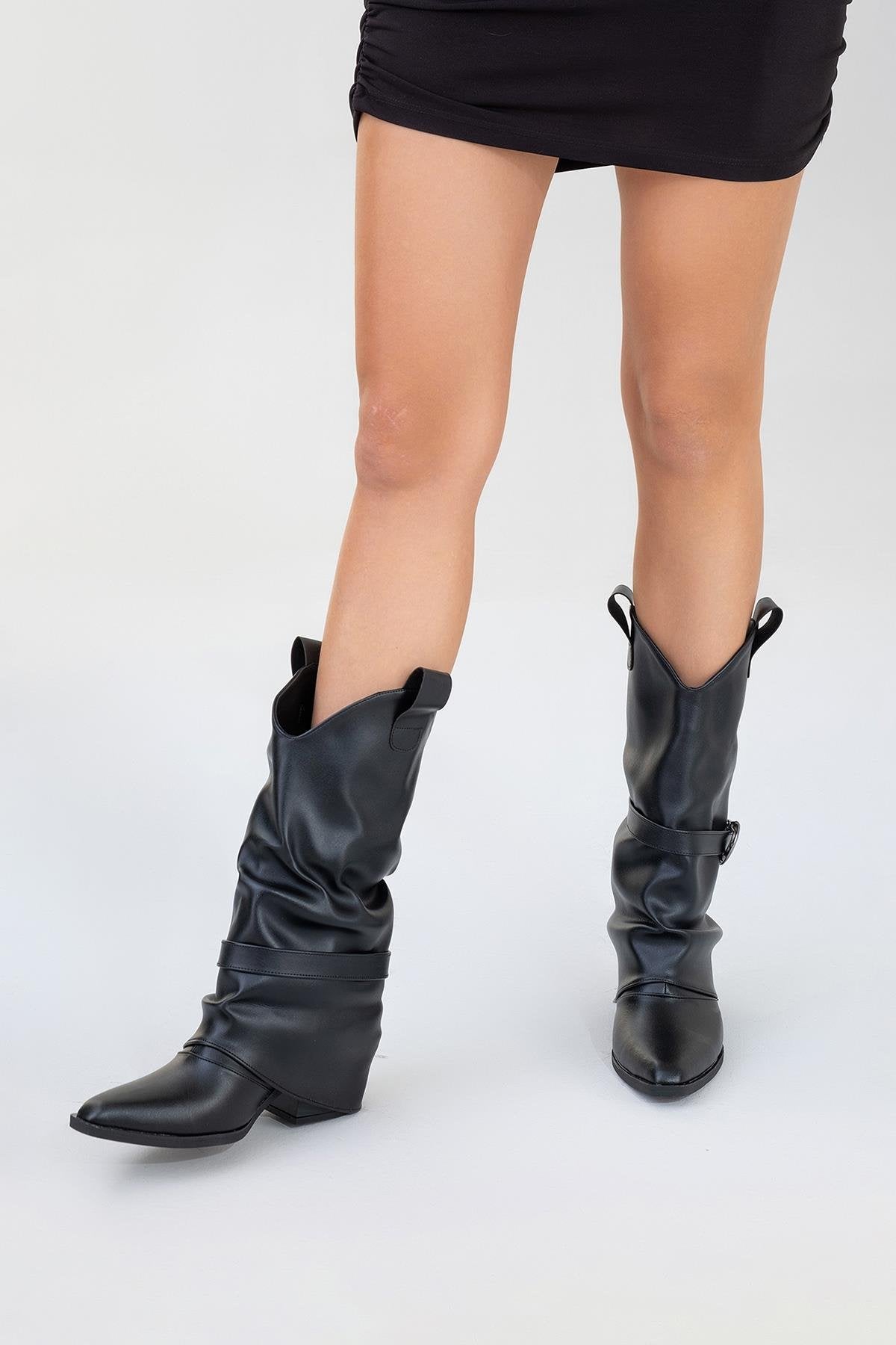 Okus - Black Buckle Block Heel Ankle Boot – pair view showing leather, black, red, Vowalisse