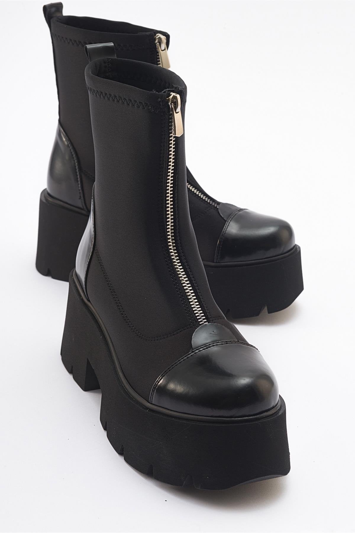 Bray Black Patent Chunky Boot – front three-quarter view showing leather, black, red, Vowalisse