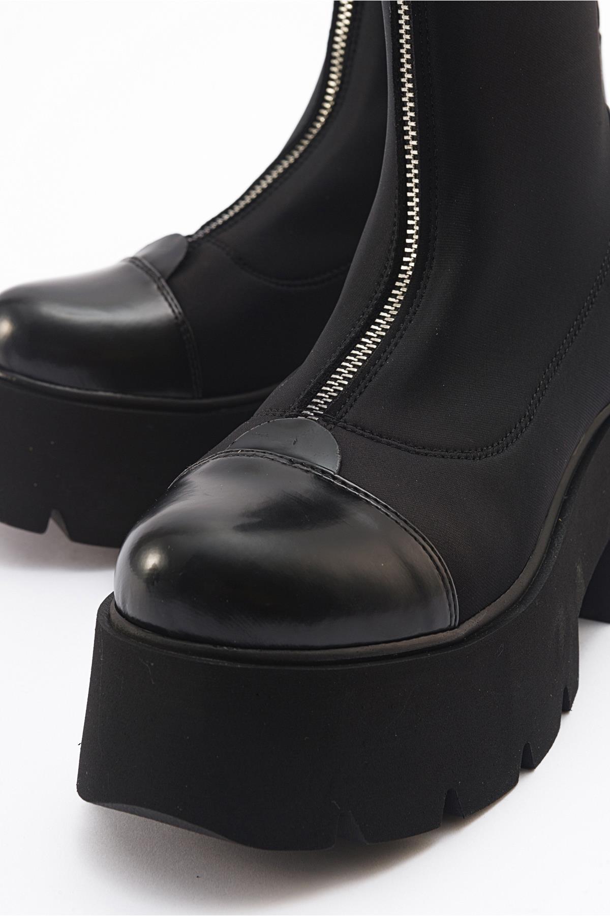 Bray Black Patent Chunky Boot – heel view showing leather, black, red, Vowalisse